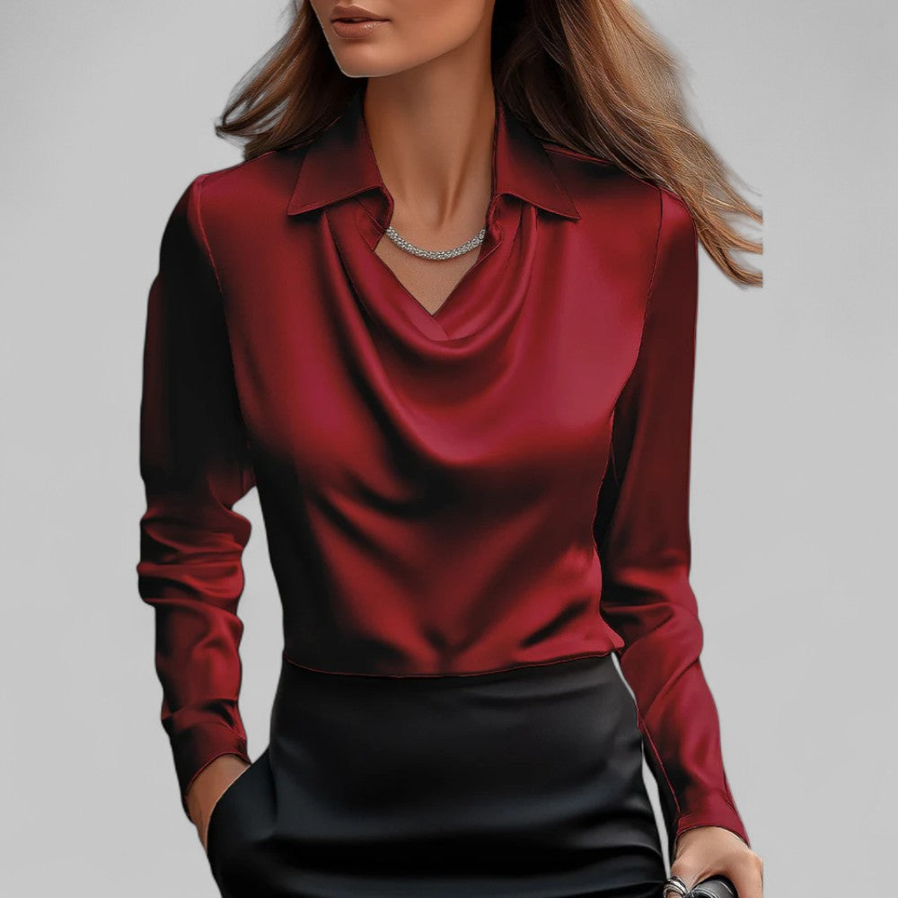 Satin Blouse with Draped Neckline and Long Sleeves