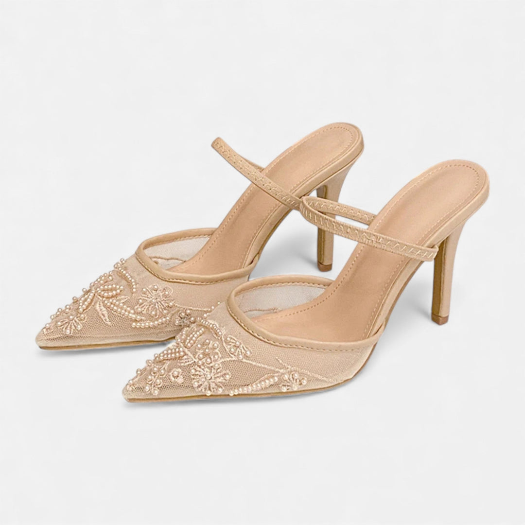 Women’s Elegant Airy Stable Formal Mesh Heels with Embroidered Floral Design