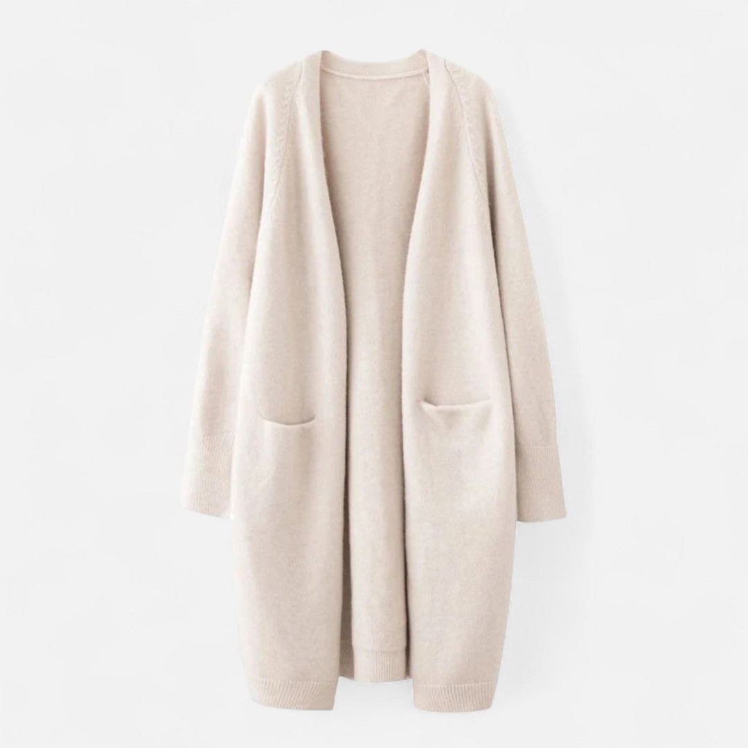 Women’s Warm V-Neckline Knitted Seasonal Long Cardigan with Functional Pockets