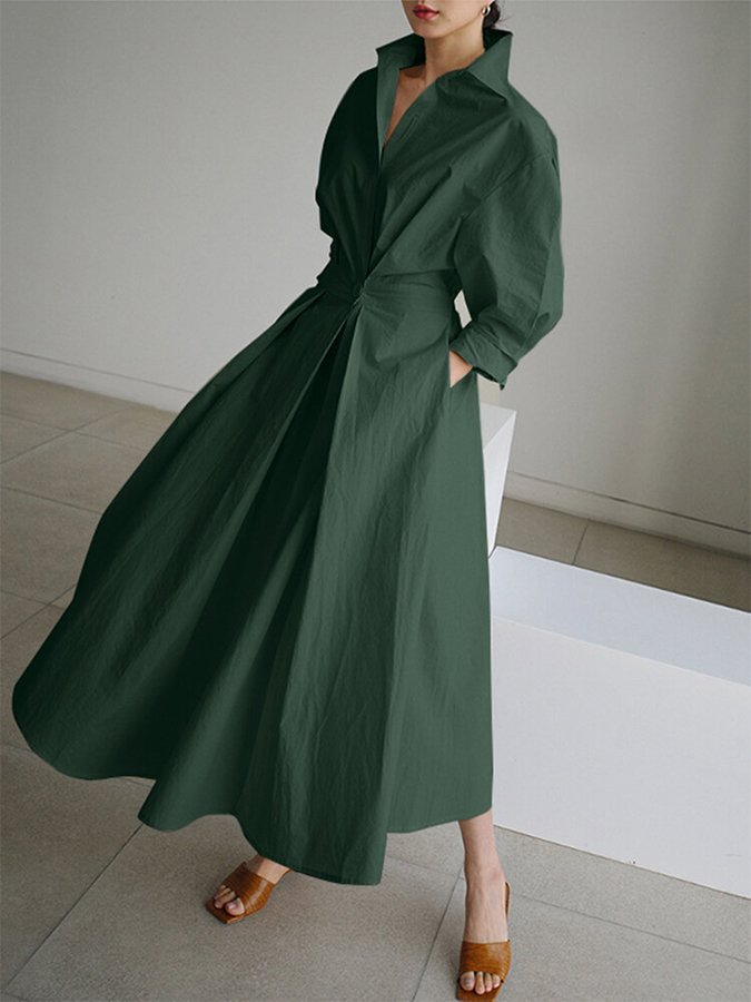 Vestido largo formal de mujer con cinturón y cuello tipo camisa para eventos especiales