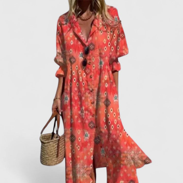 Abito Maxi Boho Svasato con Linea Fluttuante