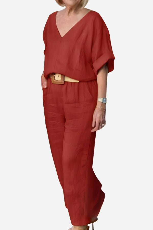 Conjunto de blusa de manga murciélago con escote en V y pantalones de pierna recta