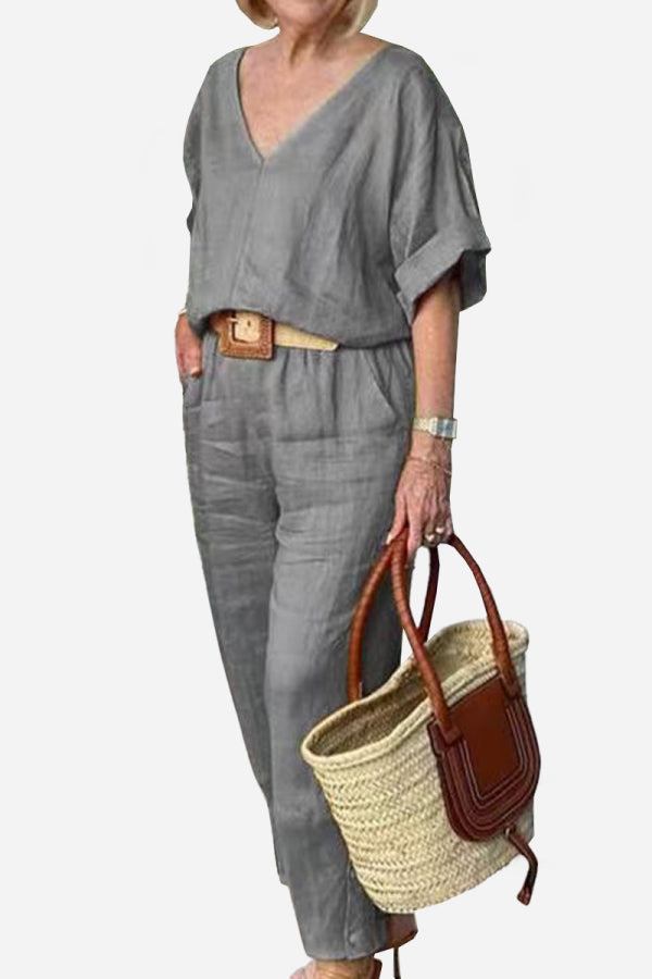 Conjunto de blusa de manga murciélago con escote en V y pantalones de pierna recta