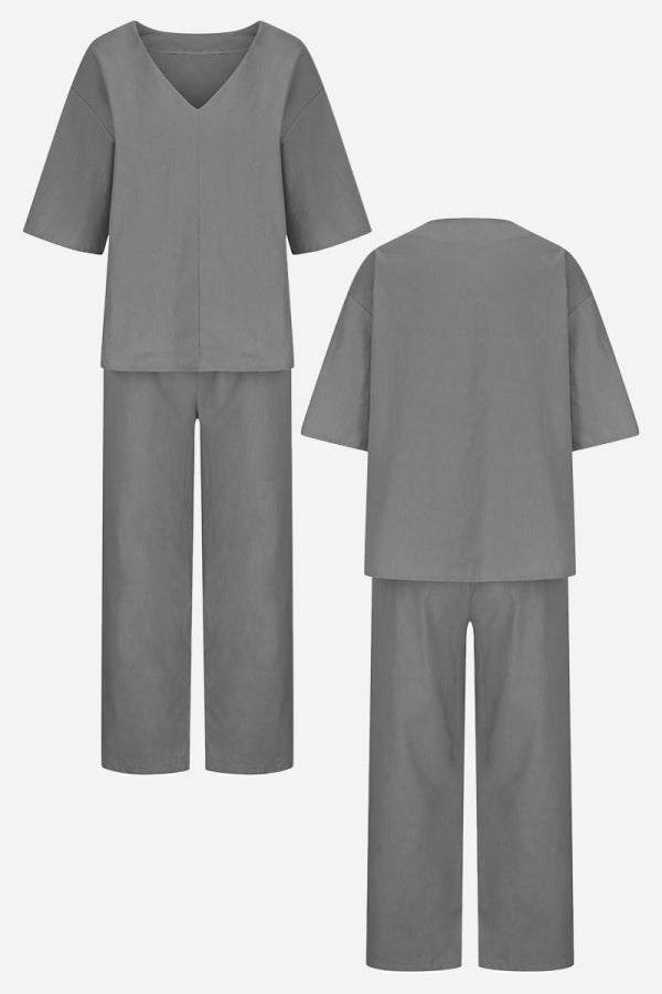 Conjunto de blusa de manga murciélago con escote en V y pantalones de pierna recta