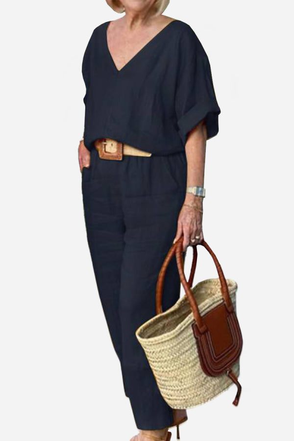 Conjunto de blusa de manga murciélago con escote en V y pantalones de pierna recta