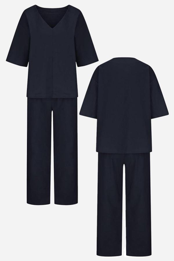 Conjunto de blusa de manga murciélago con escote en V y pantalones de pierna recta