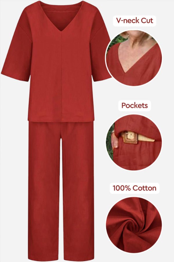 Conjunto de blusa de manga murciélago con escote en V y pantalones de pierna recta