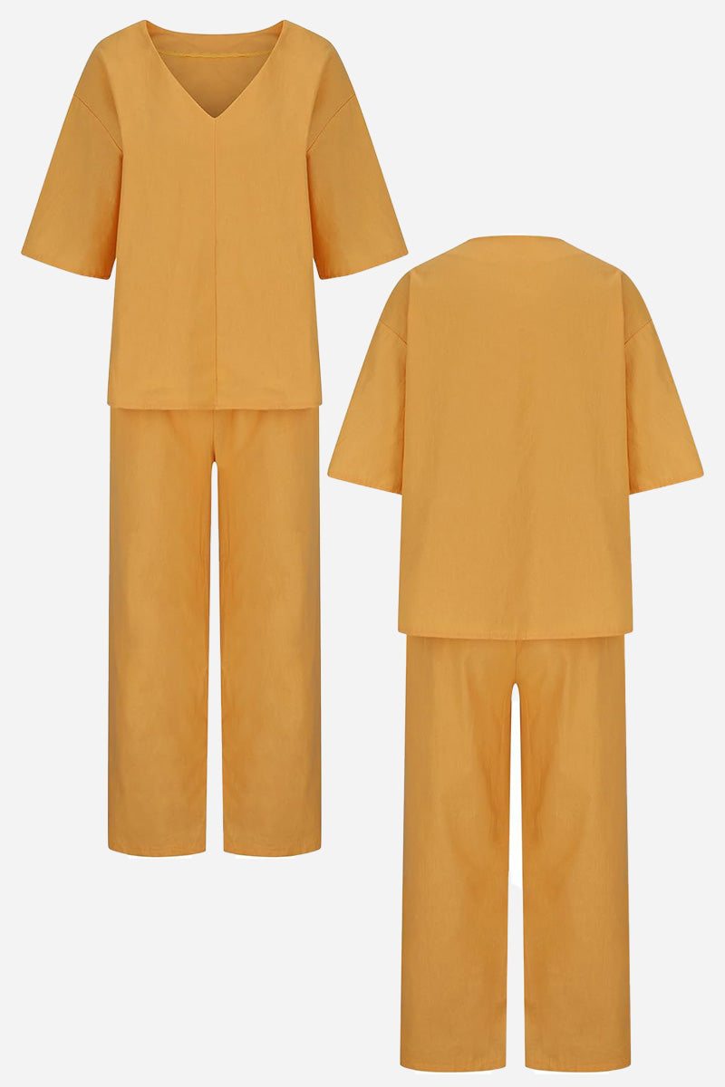 Conjunto de blusa de manga murciélago con escote en V y pantalones de pierna recta