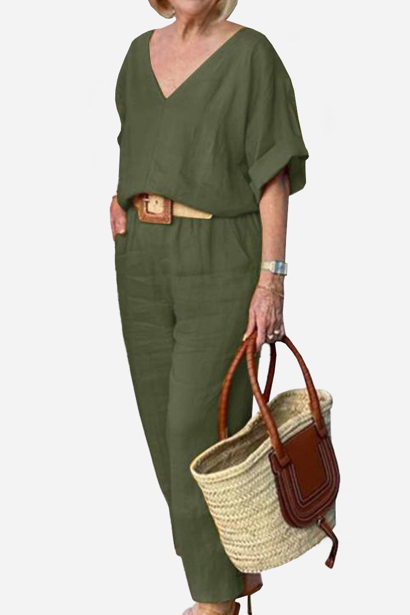 Conjunto de blusa de manga murciélago con escote en V y pantalones de pierna recta