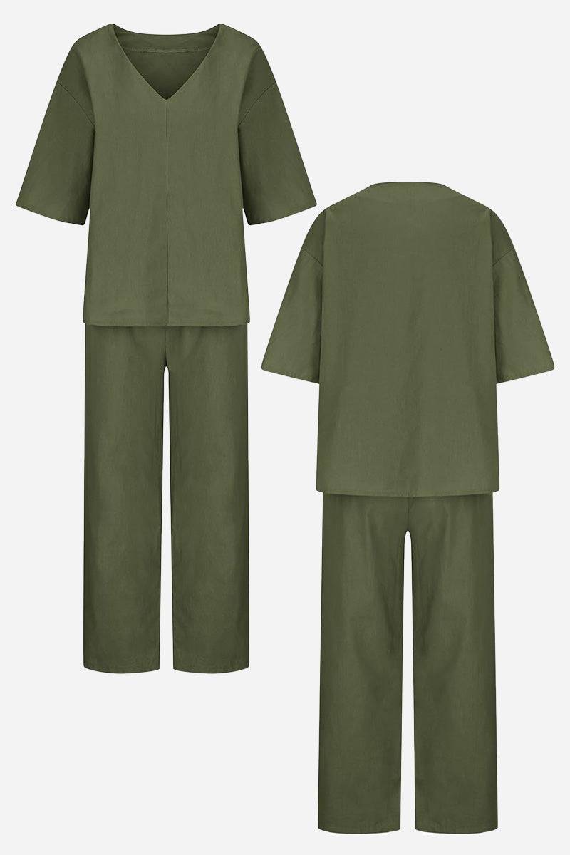 Conjunto de blusa de manga murciélago con escote en V y pantalones de pierna recta