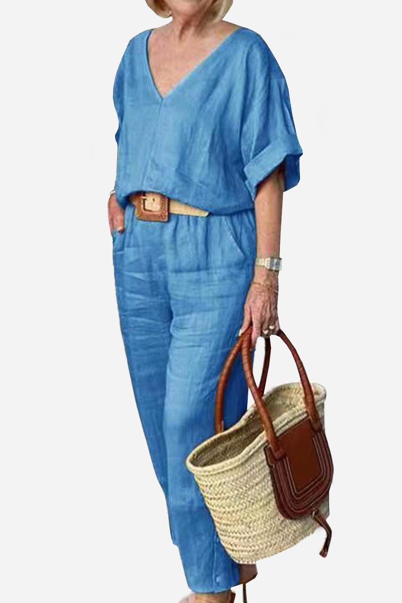 Conjunto de blusa de manga murciélago con escote en V y pantalones de pierna recta