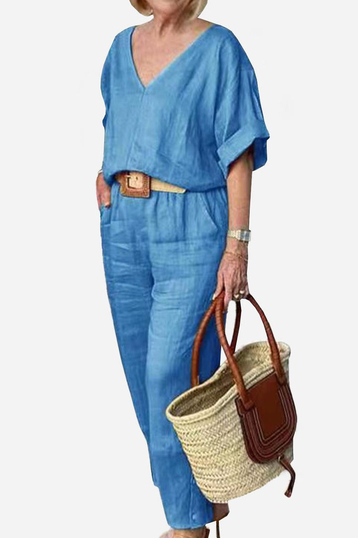Conjunto de blusa de manga murciélago con escote en V y pantalones de pierna recta