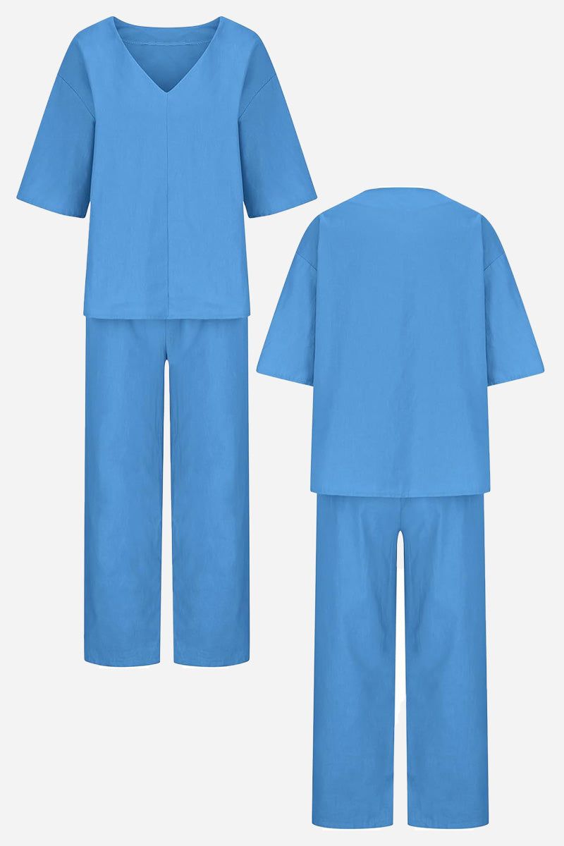 Conjunto de blusa de manga murciélago con escote en V y pantalones de pierna recta