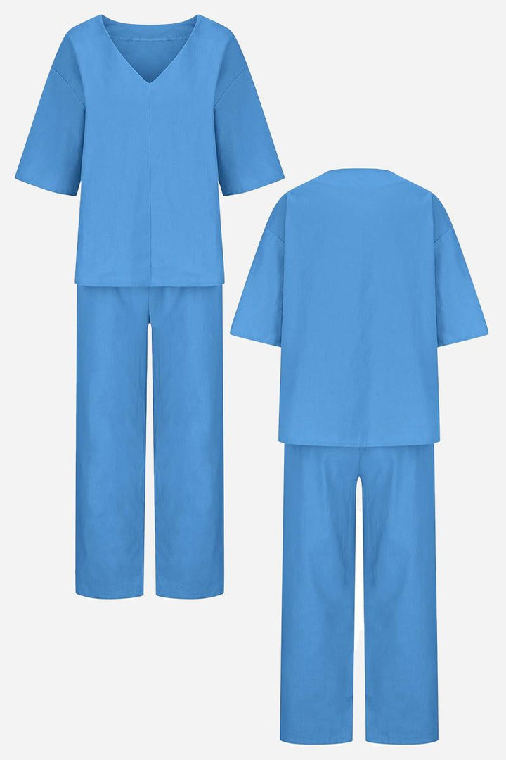Conjunto de blusa de manga murciélago con escote en V y pantalones de pierna recta