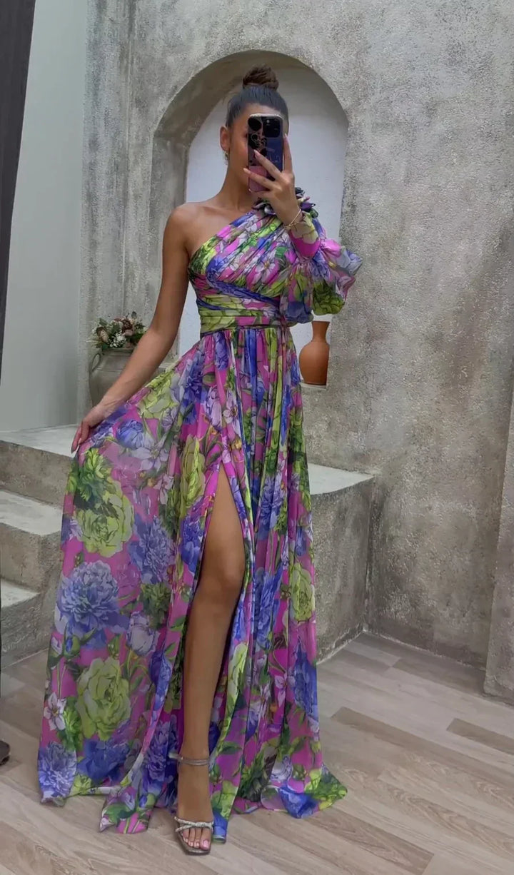Women's Timeless Elegant Flowy One-Shoulder Floral Summer Dress