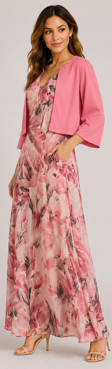 Women’s Elegant Occasion Maxi Dress - Floral Dress with Cropped Cardigan Set