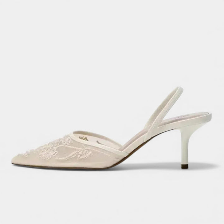 Women’s Elegant Airy Stable Formal Mesh Heels with Embroidered Floral Design