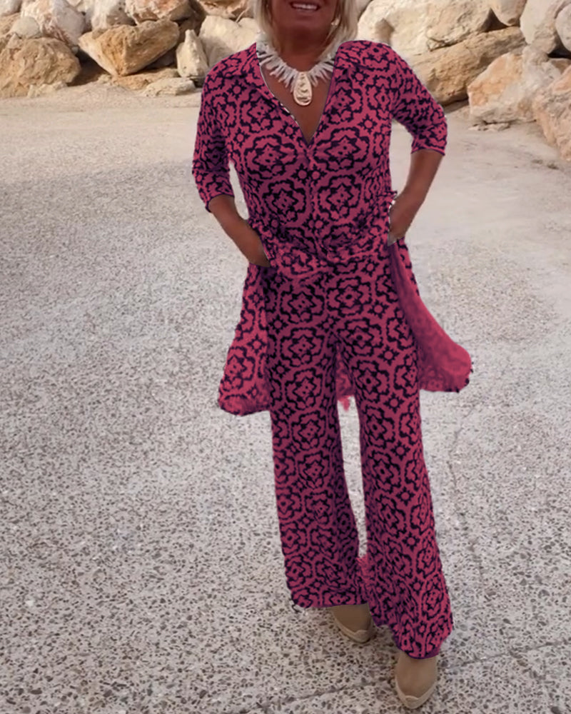 Conjunto de camisa larga estampada y pantalones rectos