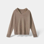 Sudadera con capucha de lana suelta para mujer con cuello en V y tejido de punto