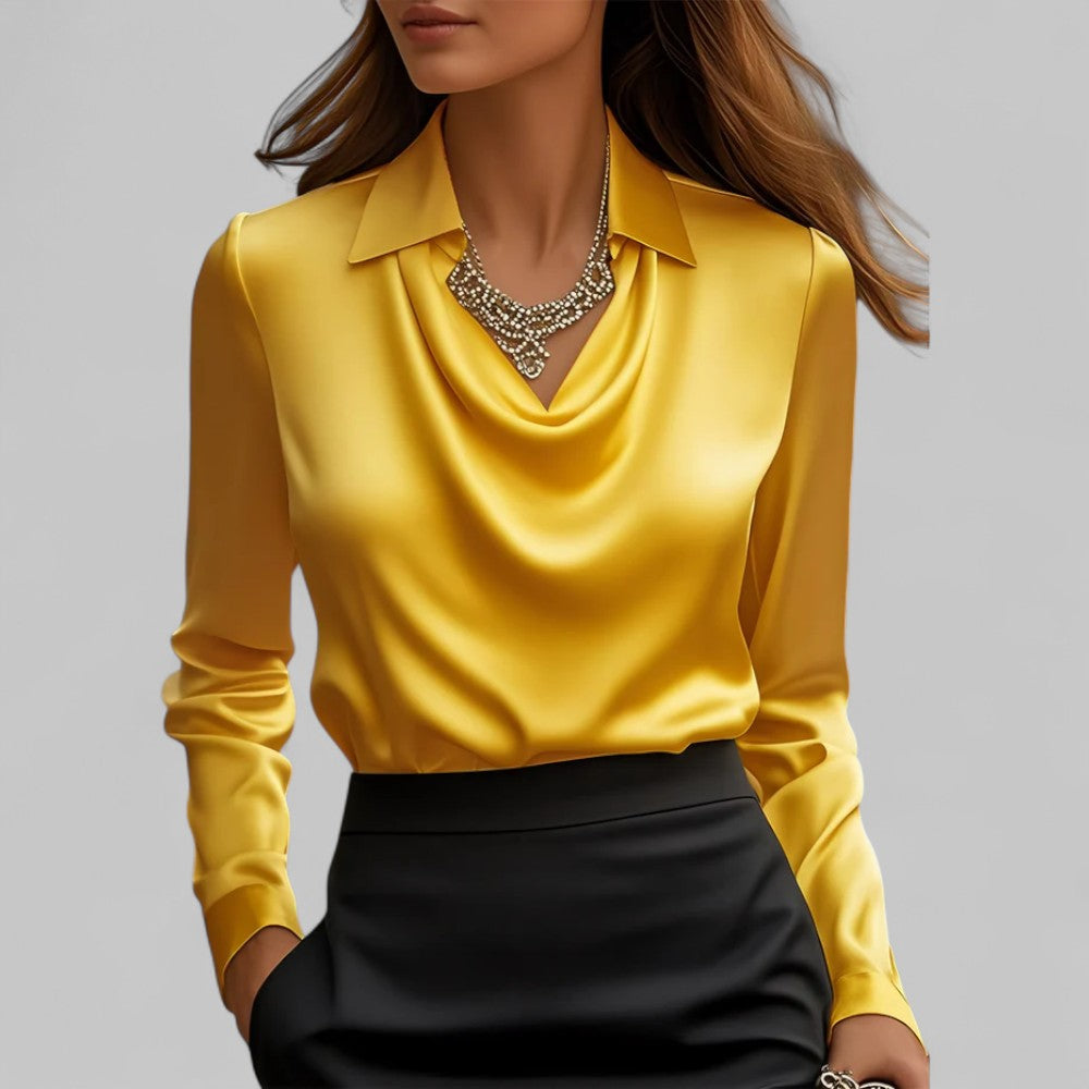 Satin Blouse with Draped Neckline and Long Sleeves