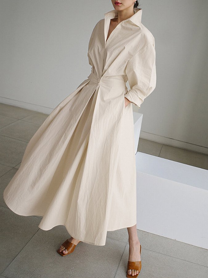 Vestido largo formal de mujer con cinturón y cuello tipo camisa para eventos especiales