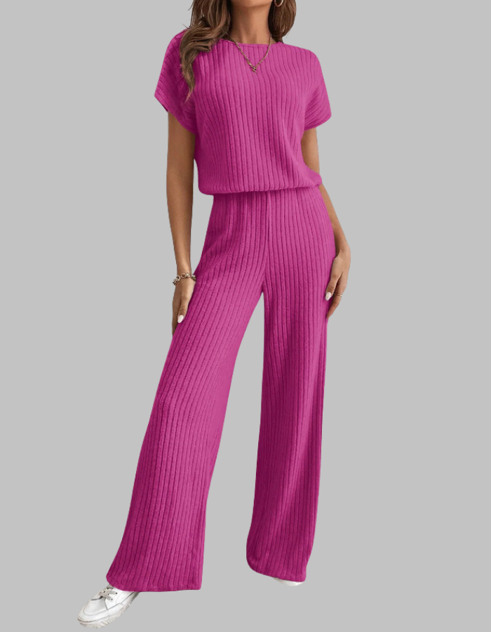 Ribbed Short Sleeve Wide-Leg Pants Set