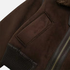 Chaqueta bomber marrón para mujer, con ribete de piel sintética de lujo
