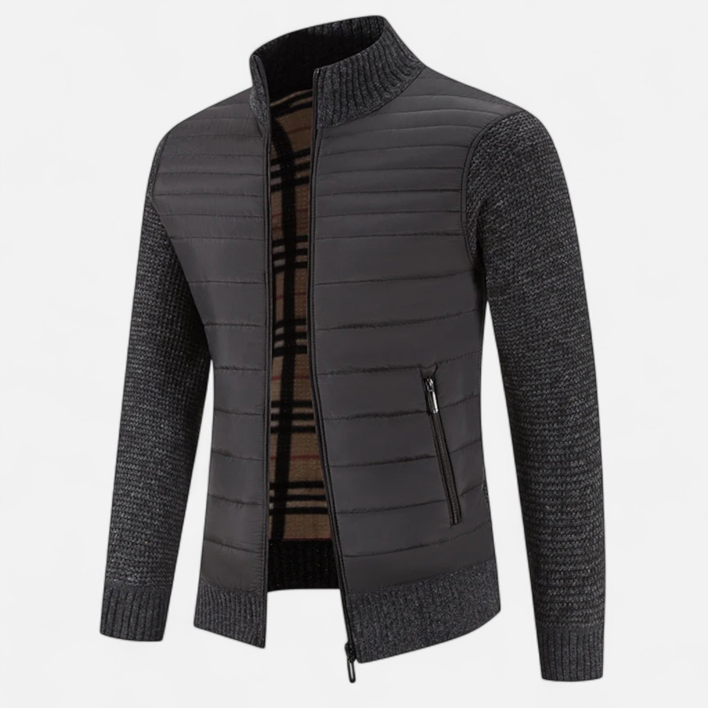 Giacca da uomo in pile con collo alto e motivo patchwork