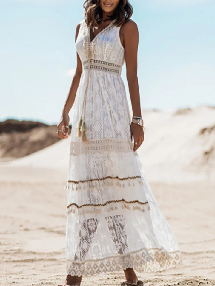 Retro Bohemian Beach Drawstring Maxi Dress for Women