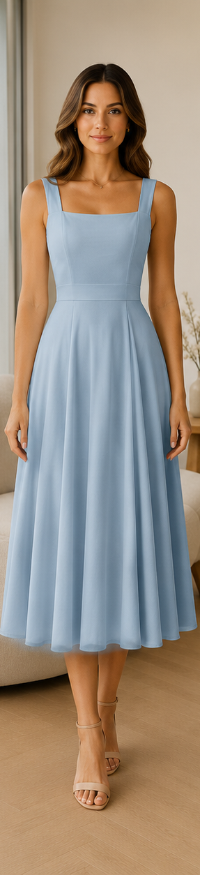 Women's Chic Flattering Long Midi Wedding Guest Dress with Square Neckline