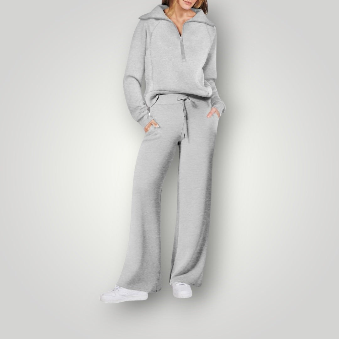 Conjunto de sudadera con media cremallera y pantalones de pierna ancha