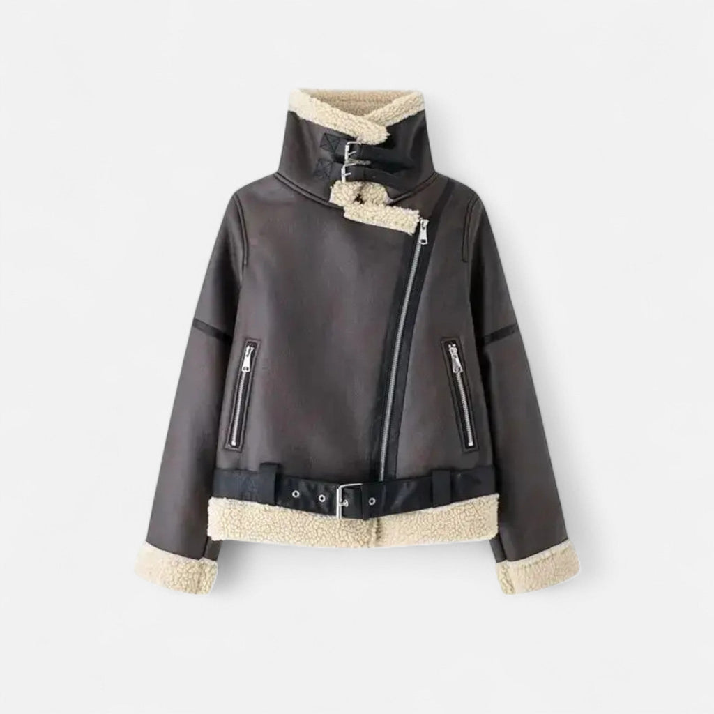 Giacca da donna autunnale in pelle con cintura