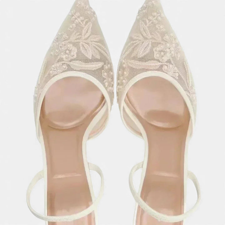 Women’s Elegant Airy Stable Formal Mesh Heels with Embroidered Floral Design