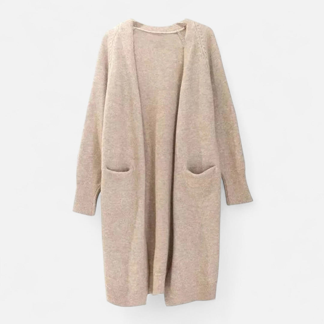 Women’s Warm V-Neckline Knitted Seasonal Long Cardigan with Functional Pockets
