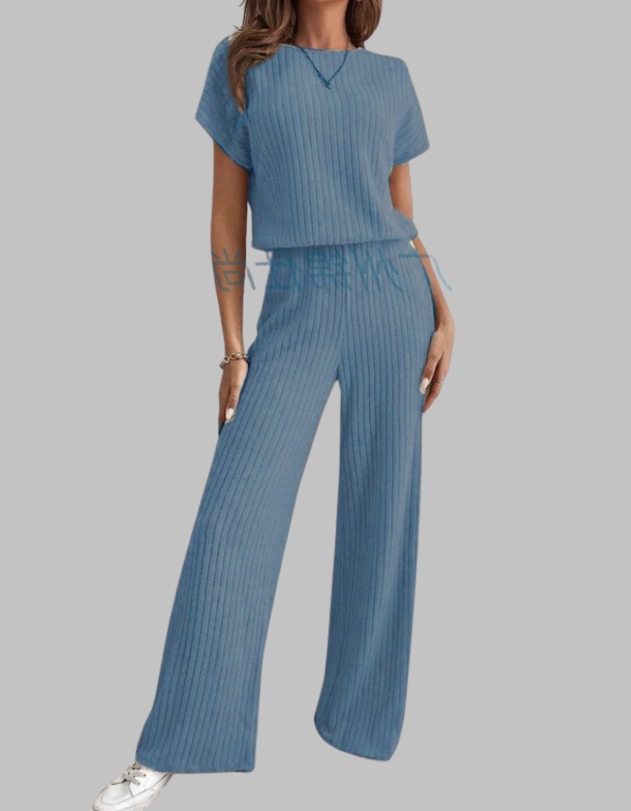 Ribbed Short Sleeve Wide-Leg Pants Set