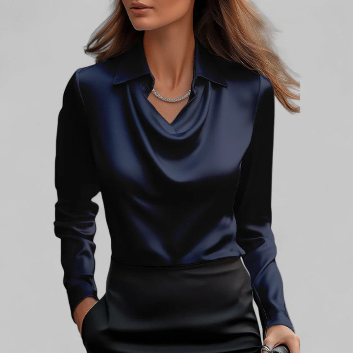 Satin Blouse with Draped Neckline and Long Sleeves