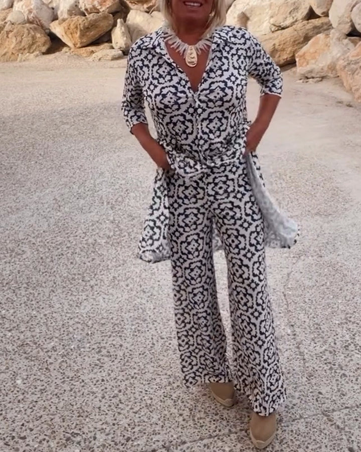 Conjunto de camisa larga estampada y pantalones rectos