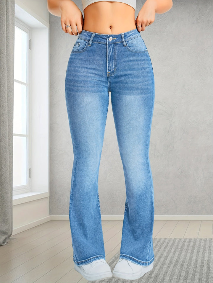 Jeans casuales de mujer de mezclilla de tiro alto y color sólido acampanados