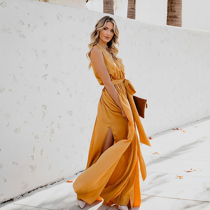 Vestido largo elegante para mujer con abertura y cinturón en la cintura para ocasiones especiales