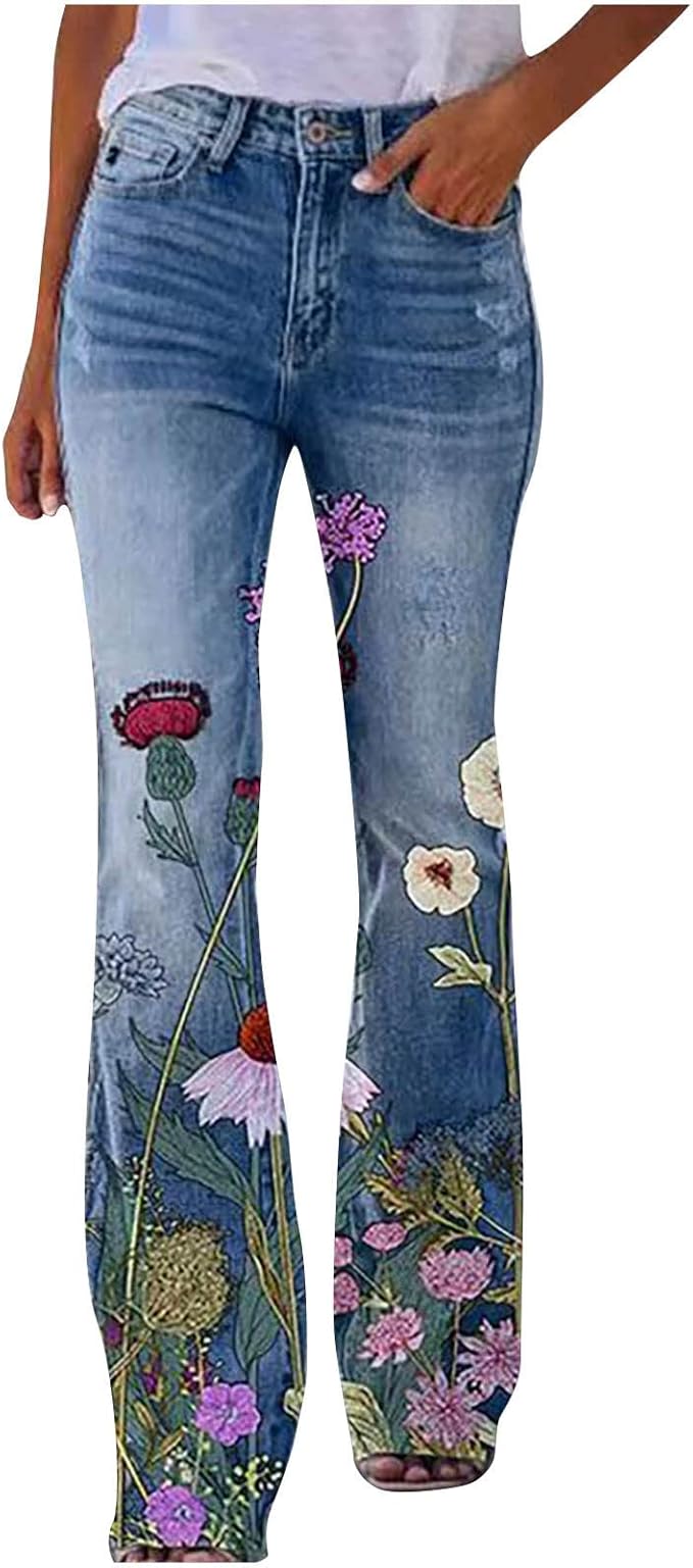 Nature Floral Denim Flare Jeans for Women