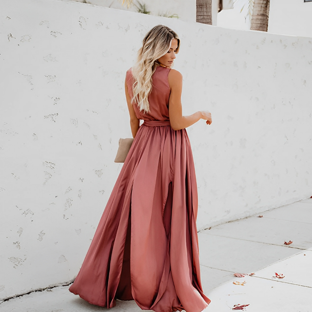 Vestido largo elegante para mujer con abertura y cinturón en la cintura para ocasiones especiales