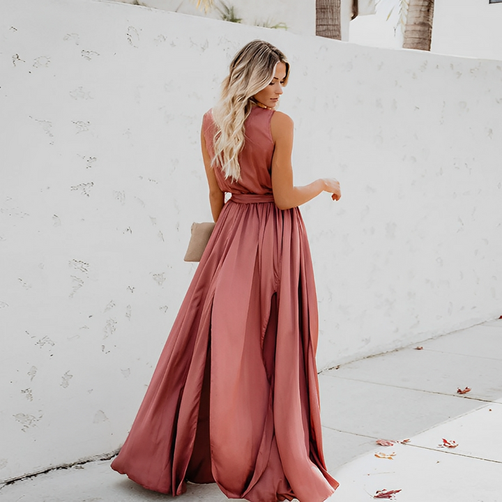Vestido largo elegante para mujer con abertura y cinturón en la cintura para ocasiones especiales