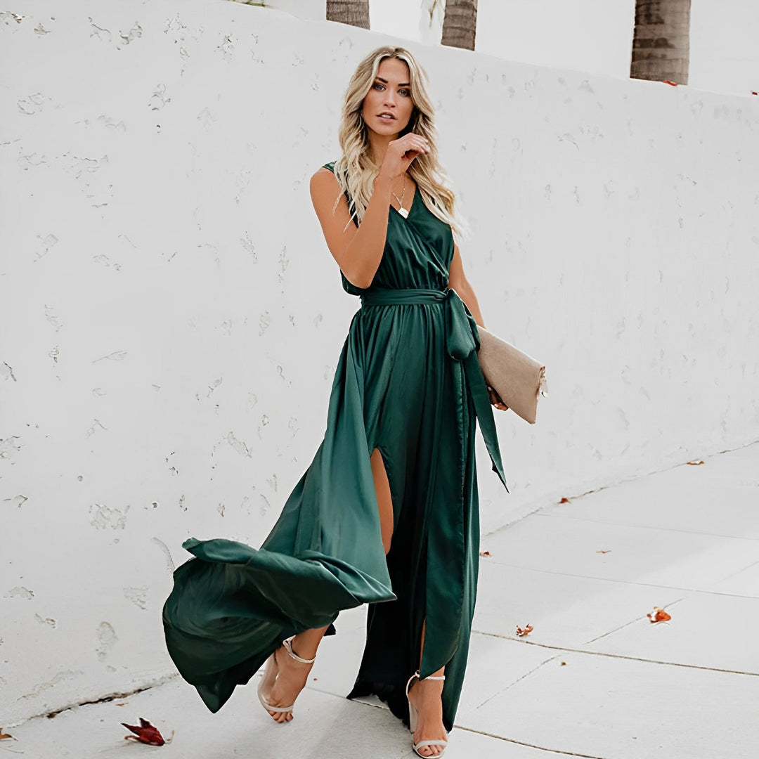 Vestido largo elegante para mujer con abertura y cinturón en la cintura para ocasiones especiales
