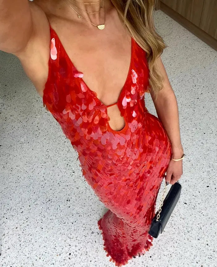 Vestido largo sin espalda con lentejuelas para celebraciones nocturnas