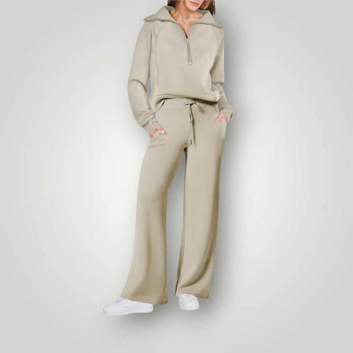 Conjunto de sudadera con media cremallera y pantalones de pierna ancha