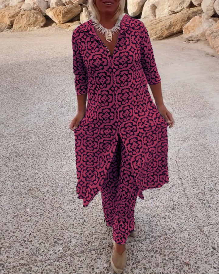 Conjunto de camisa larga estampada y pantalones rectos