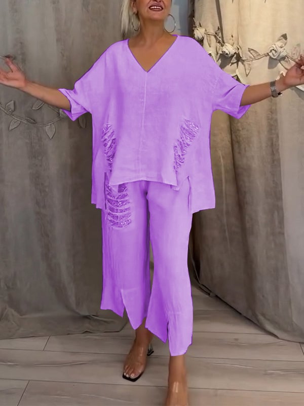 Conjunto de blusa con escote en V y pantalones cortos