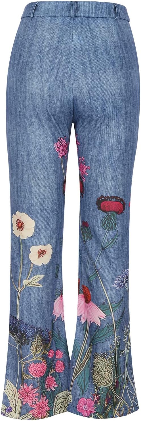 Nature Floral Denim Flare Jeans for Women