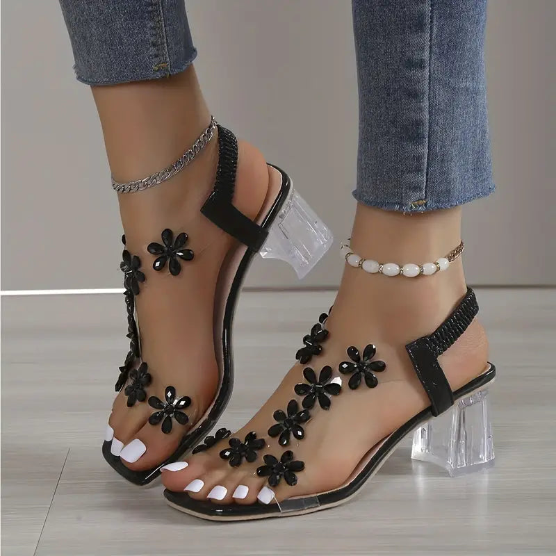 Rhinestone Block Heel Sandals