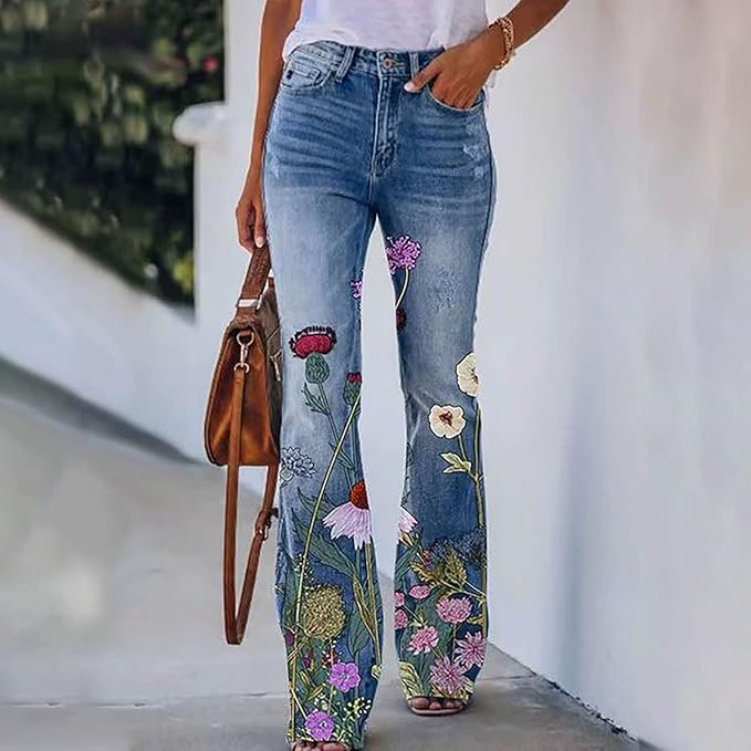 Nature Floral Denim Flare Jeans for Women